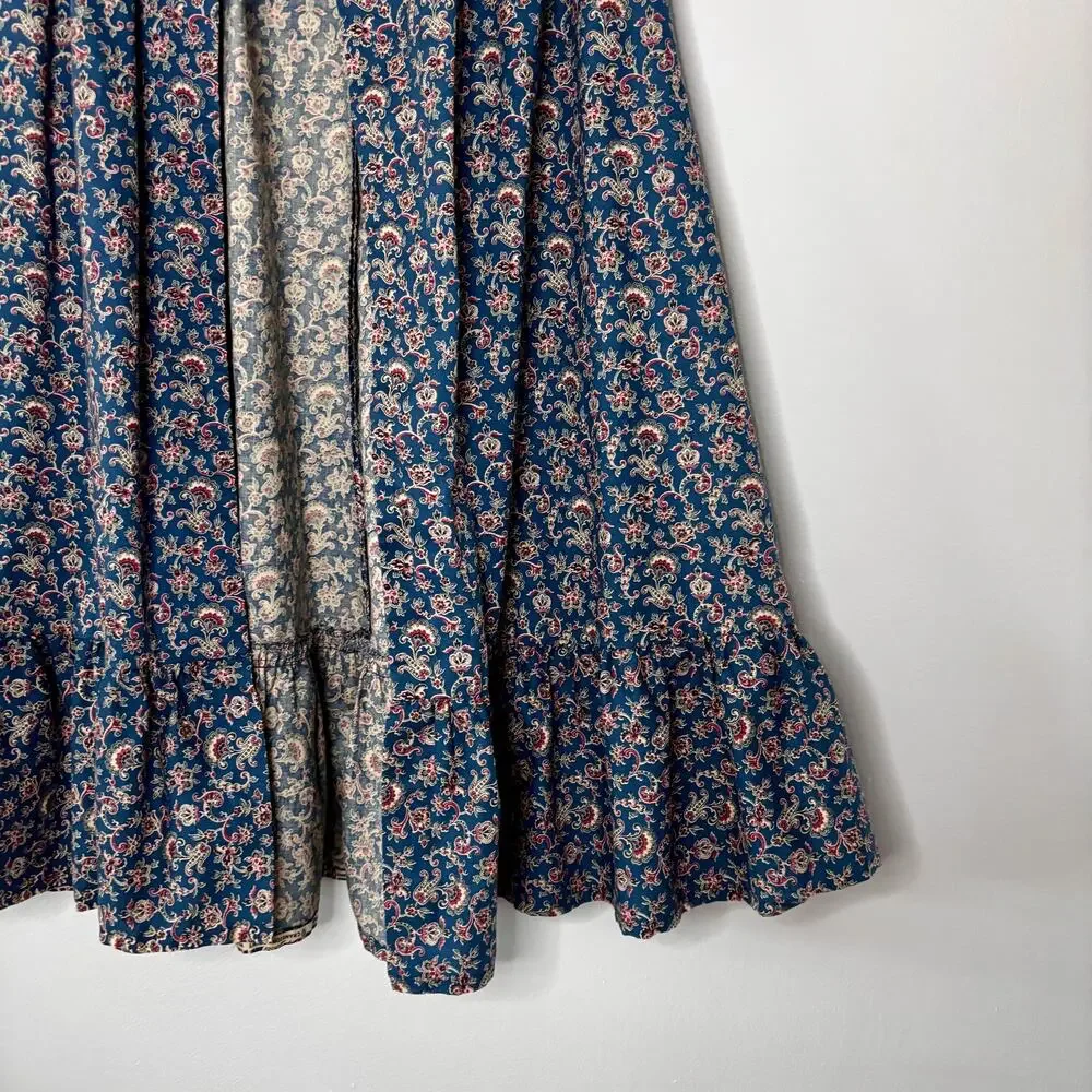 Vintage 1970s Handmade Blue Paisley Chore Skirt Apron Ruffle Pockets Large
